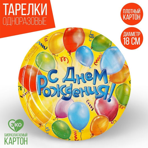 Цена за 10 шт. Тарелка бумажная С днём рождения! Воздушные шары, 18 см