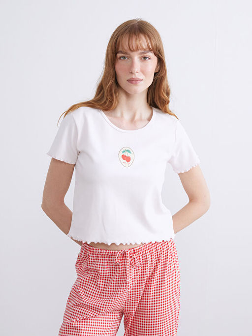 Bisiklet Yaka Kiraz Bask?l? Kad?n Pijama Tak?m?