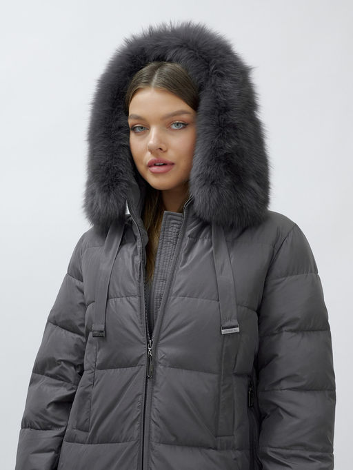 с натуральным мехом песца класса Люкс Бренд Visdeer Пальто зимние темно-серого цвета  фото 6