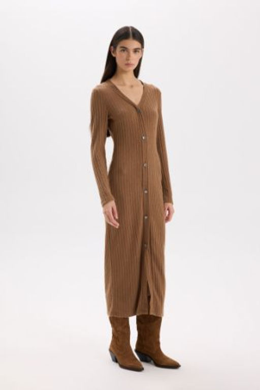 Bodycon Vucudu Saran Basic Duz V Yaka Dugmeli Fitilli Kaskorse Midi Uzun Kollu Elbise