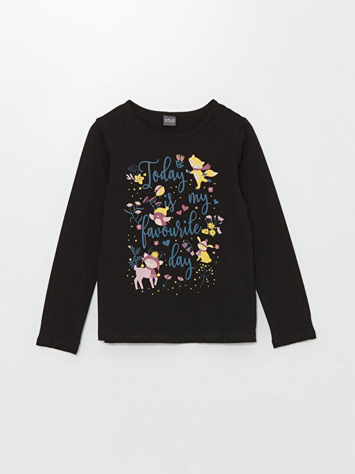 Bisiklet Yaka Bask?l? Uzun Kollu K?z ?ocuk Ti??rt