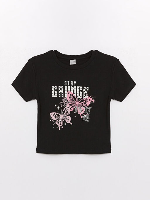 Bisiklet Yaka Bask?l? K?sa Kollu K?z ?ocuk Ti??rt