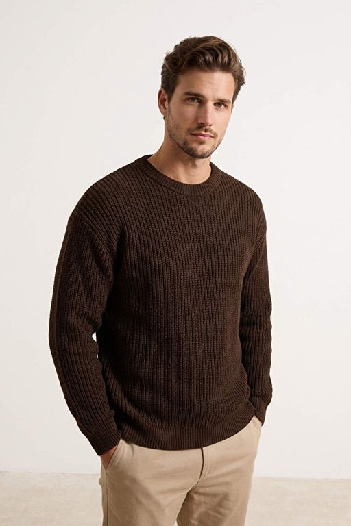Kahverengi Oversize Bisiklet Yaka D_z Kazak TMNAW23KZ00189 - Trendyolmilla фото 2