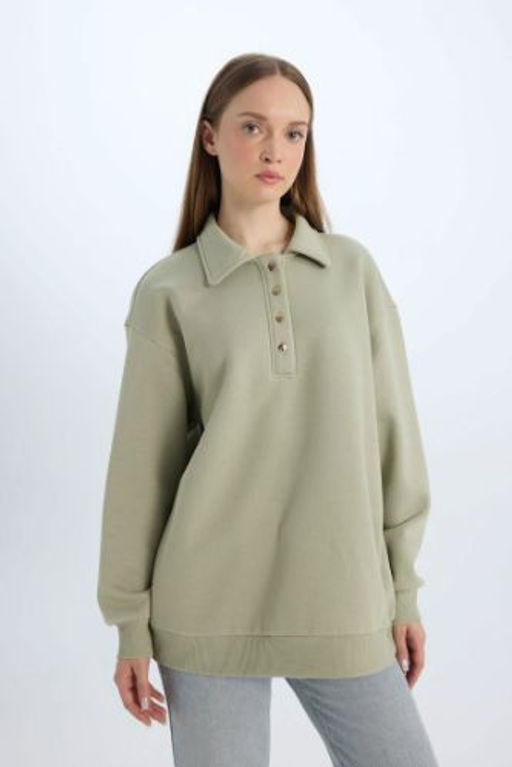 Regular Fit Polo Yaka Ici Yumusak Tuylu Kal?n Sweatshirt Tunik