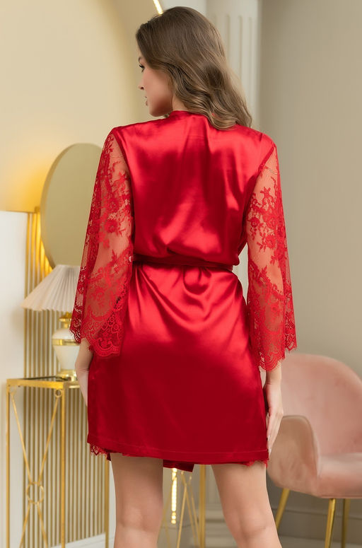 ESTER 7293 Короткий атласный запашной халат Mia-Amore с широкими длинными кружевными рукавами  фото 2