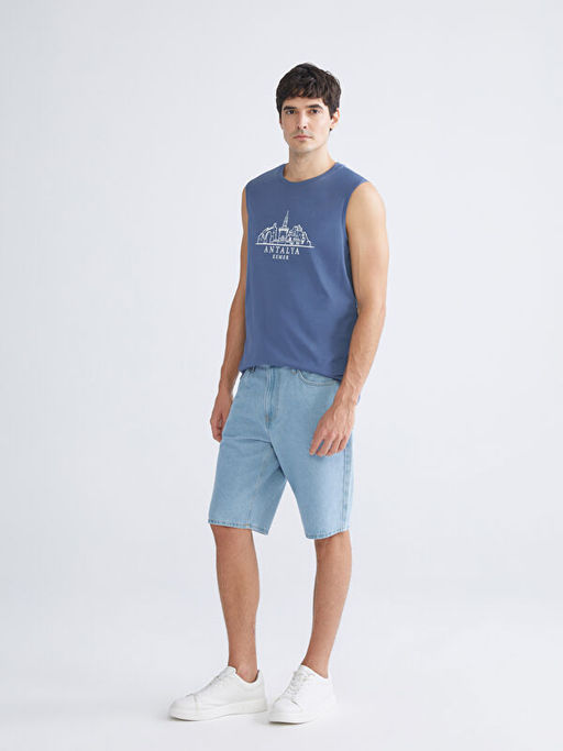 Bisiklet Yaka Bask?l? Erkek Kolsuz Ti??rt