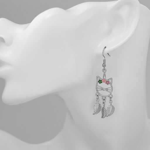 Серьги с эмалью Кошка с листьями, цветные в серебре - Qf фото 3