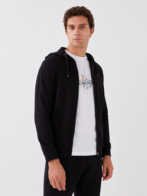 Kap??onlu Uzun Kollu Erkek Kal?n Fermuarl? Sweatshirt