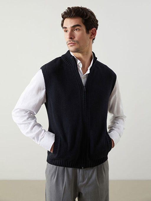 Standart Kal?p Dik Yaka Erkek Triko Yelek