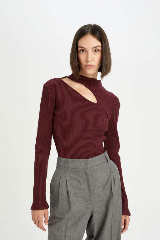 Женская облегающая полуводолазка приталенного кроя, базовая однотонная футболка в рубчик с длинными рукавами - Defacto фото 3