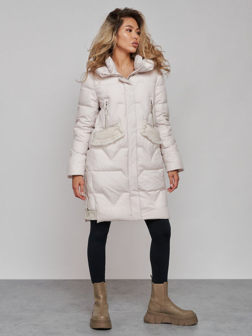 Пальто утепленное с капюшоном зимнее женское бежевого цвета 13332B - Visdeer фото 3