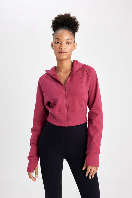 Укороченный толстый свитшот DeFactoFit с капюшоном и двойным карманом на молнии фото 3