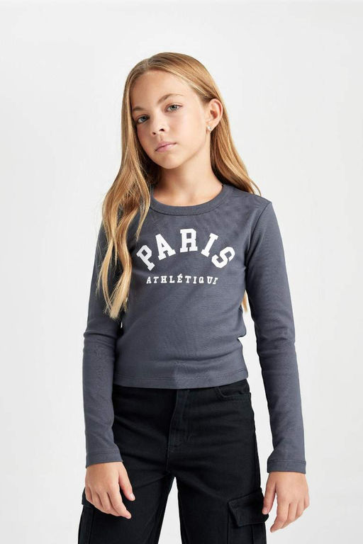 Укороченная рубашка с круглым вырезом для девочек, футболка в рубчик с принтом и длинными рукавами, состоящая из двух частей - Defacto фото 2