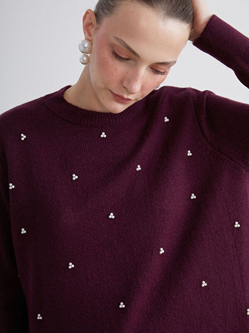 Bisiklet Yaka Boncuk ??lemeli Kad?n Triko Kazak