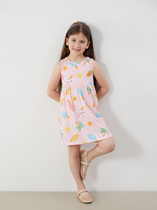 Bisiklet Yaka Bask?l? K?z ?ocuk Penye Elbise