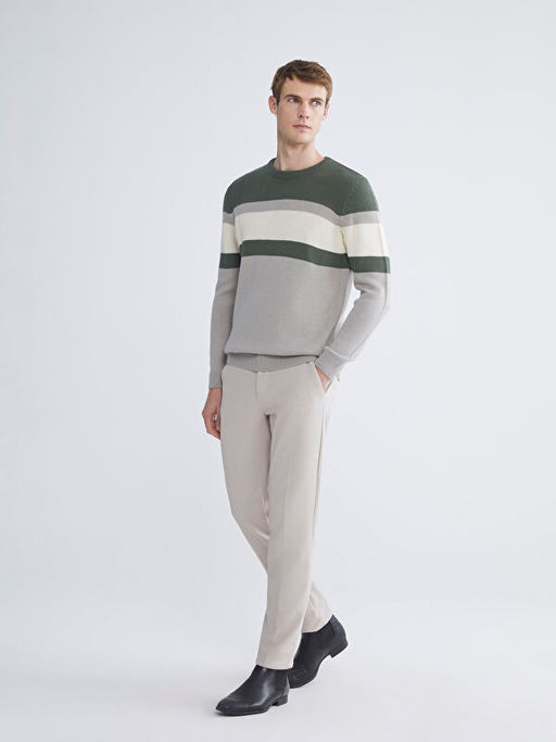 Bisiklet Yaka Uzun Kollu Renk Bloklu Erkek Triko Kazak