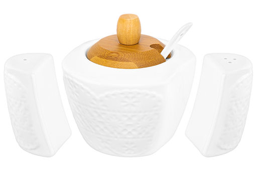 Набор - сахарница 300 мл 16*10*11 см Кружево с ложкой + солонка + перечница на дер. подставке - Elan gallery фото 6