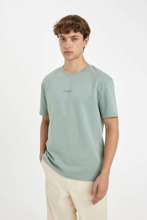 Футболка из плотной ткани с короткими рукавами и круглым вырезом обычного кроя с принтом - Defacto фото 4