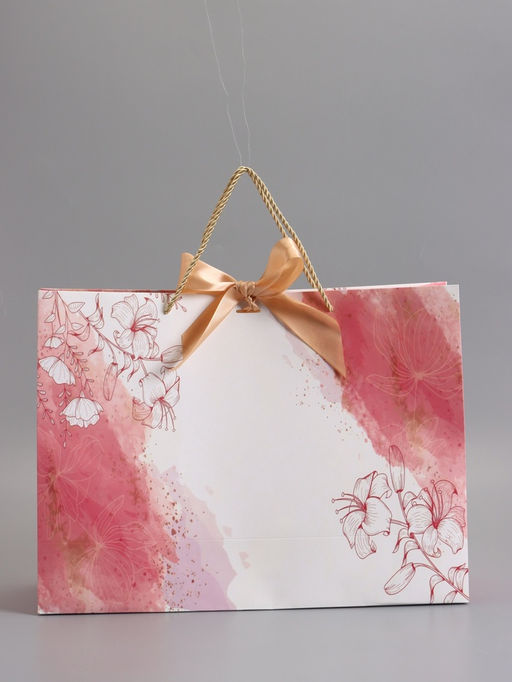 Пакет подарочный ламинированный «Мрамор», розовый с белым, с бантиком, 43×32×14 см