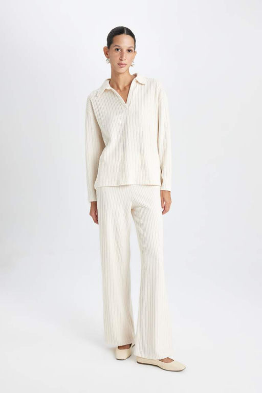 Женская повседневная футболка с воротником-поло в рубчик и длинными рукавами - Defacto фото 2