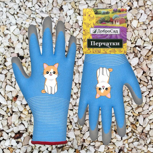 Цена за 2 шт. Перчатки нейлоновые детские "Little gardener-Котик" с полиуретановым покрытием полуоблитые, голубые M р-р ДоброСад