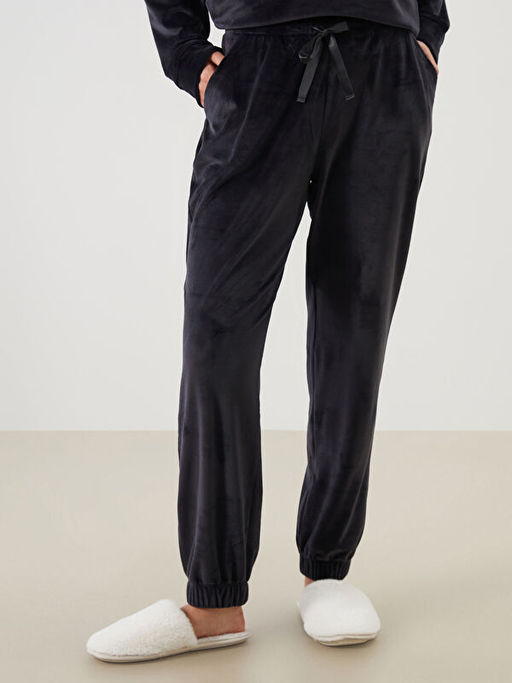 Beli Lastikli Kadife Kad?n Jogger Pijama Alt?