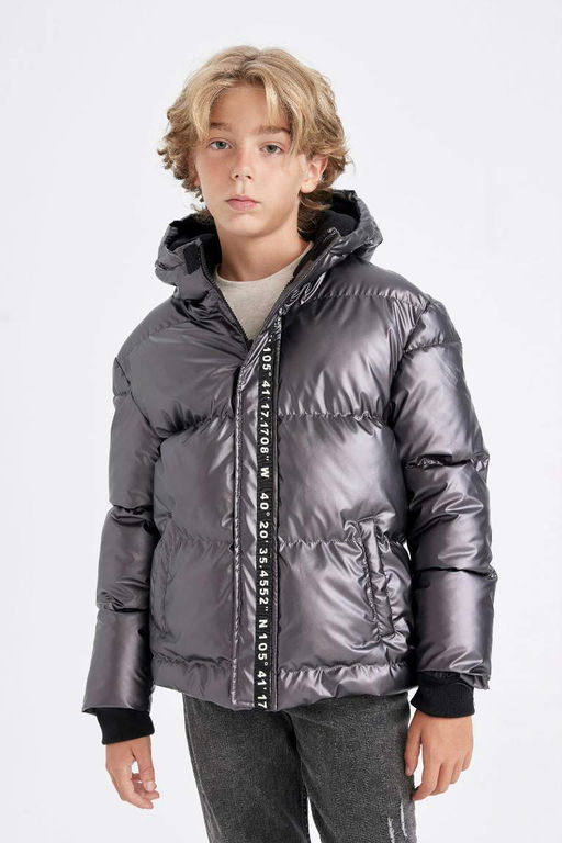 Пуховик с водоотталкивающим капюшоном и флисовой подкладкой для мальчика - Defacto фото 3