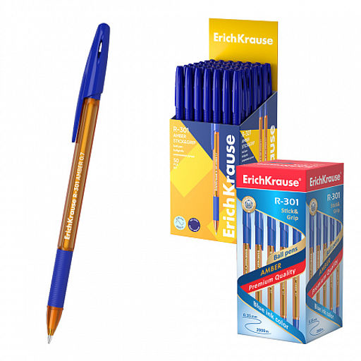 Цена за 50 шт. Ручка шариковая ErichKrause R-301 Stick&Grip Amber 0.7, цвет чернил синий (в коробке по 50 шт.)