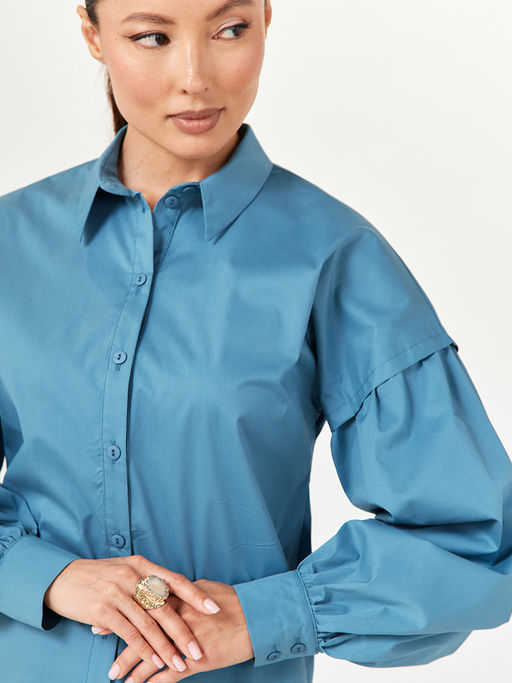 Рубашка блузка с пышным рукавом 100% хлопок голубой - Tantino фото 3