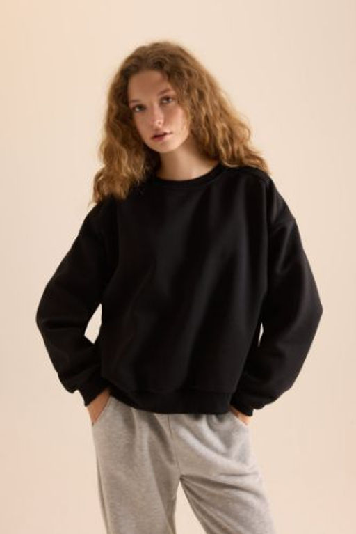 Coool Oversize Genis Kal?p Bisiklet Yaka Basic Duz Kal?n Kumas Siyah Sweatshirt