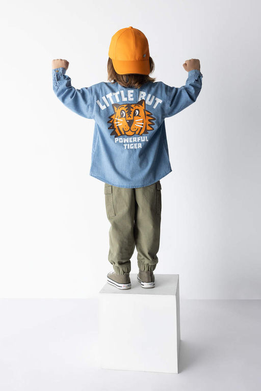 Джинсовая рубашка с длинными рукавами и принтом на спине для маленьких мальчиков - Defacto фото 4