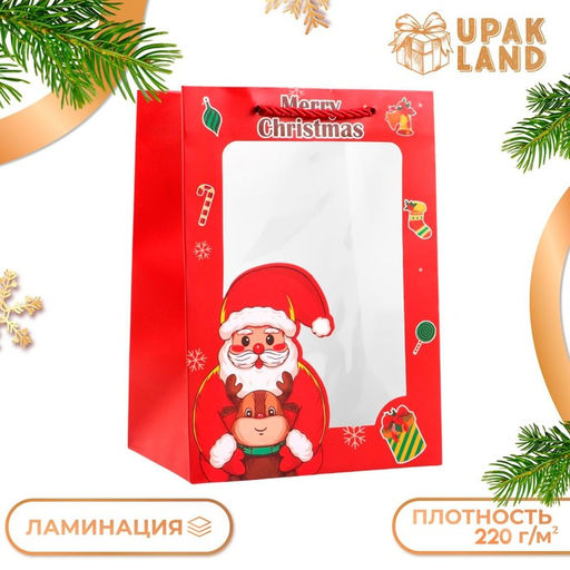 Цена за 2 шт. Пакет подарочный новогодний ламинированный, с окном«Дед мороз», 18×25×13 см