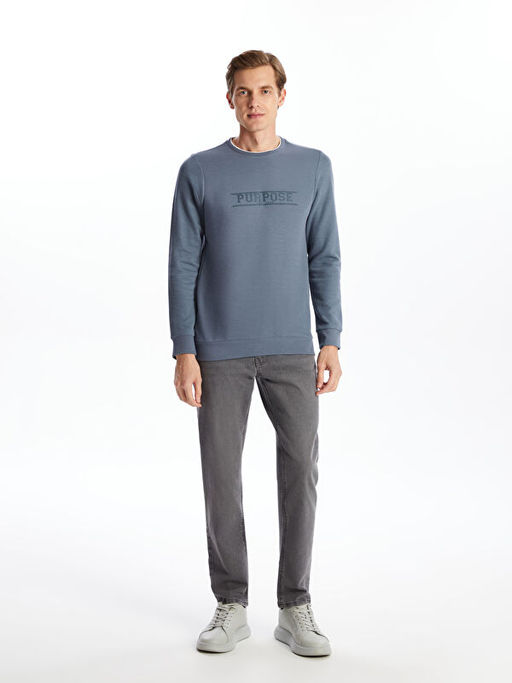 Bisiklet Yaka Uzun Kollu Bask?l? Erkek Sweatshirt