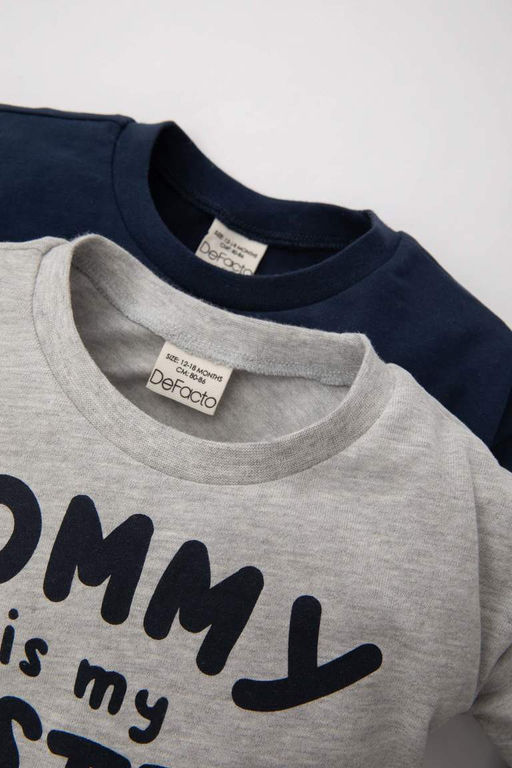 Футболка из двух предметов с длинными рукавами и круглым вырезом для маленьких мальчиков с принтом - Defacto фото 2