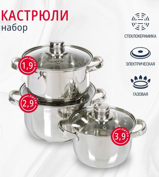 Набор нерж.ст. (кастрюли 1,9л, 2,9л, 3,9л) стекл.крыш. нерж/ручки индукция эконом SD-A17-6 (355350) - Daniks фото 12