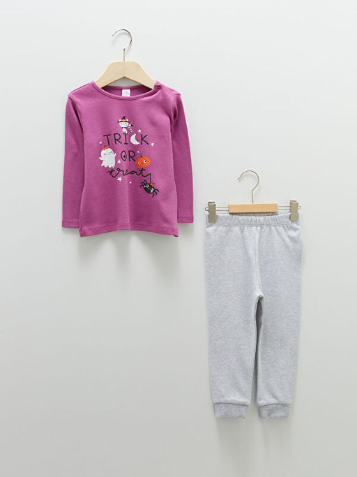 Bisiklet Yaka Uzun Kol Bask?l? Pamuklu K?z Bebek Pijama Tak?m?