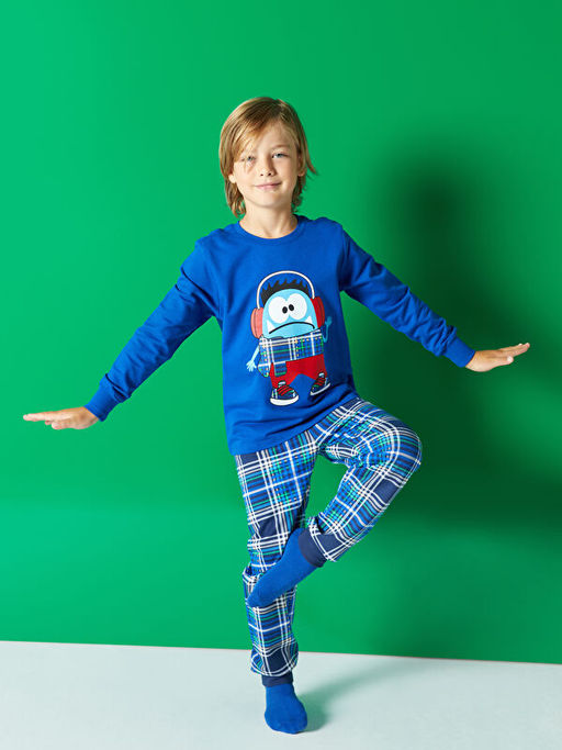 Bisiklet Yaka Bask?l? Uzun Kollu Erkek ?ocuk Pijama Tak?m?