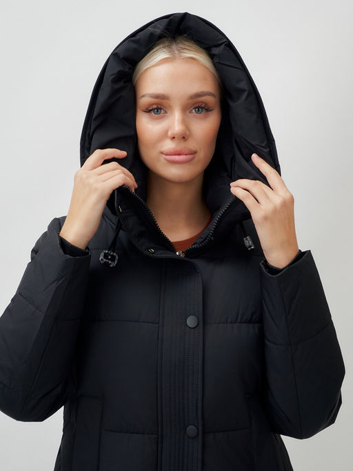 Пальто утепленное стеганное зимнее с капюшоном женское черного цвета 9601Ch - Holdluck фото 8