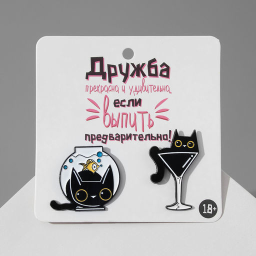 Набор значков (2 шт.) «Котики», таинственные, чёрно-белый в чёрном металле