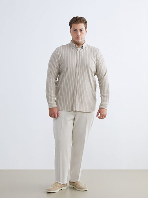 B?y?k Beden Slim Fit Uzun Kollu ?izgili Erkek G?mlek