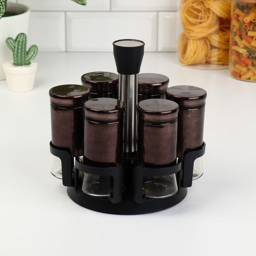 Набор ёмкостей для специй «Богема», 5.5×11 см, 6 шт., на металлической подставке, стекло, коричневый