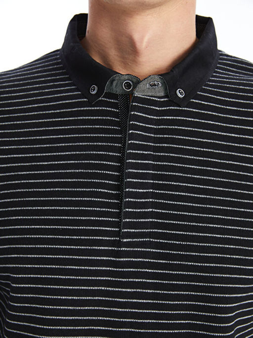 Polo Yaka Uzun Kollu ?izgili Erkek Sweatshirt