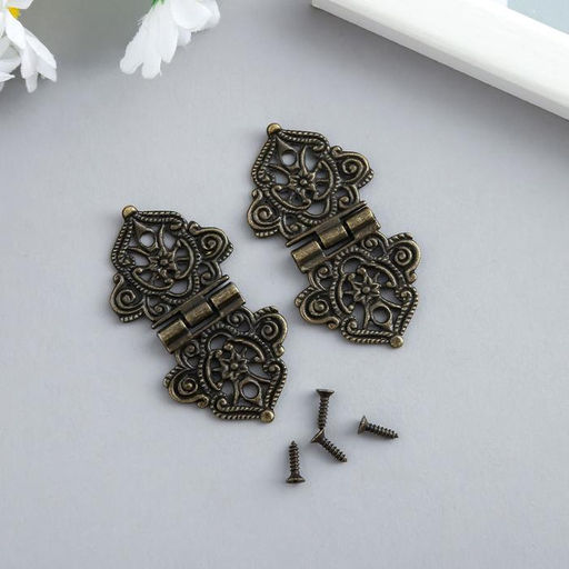 Цена за 6 шт. Петля для шкатулки с крепежом металл «Узорная с цветами», под бронзу, 5.3×2.8 см