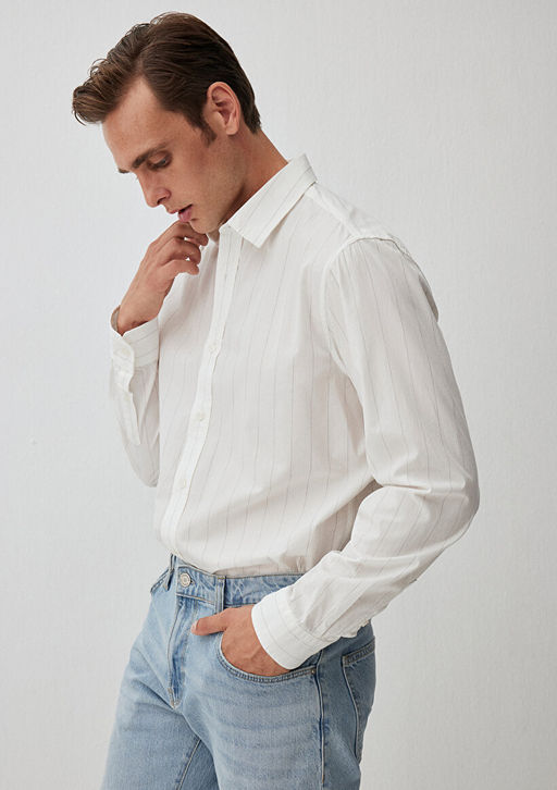 Cizgili Beyaz Gomlek - Mavi фото 5