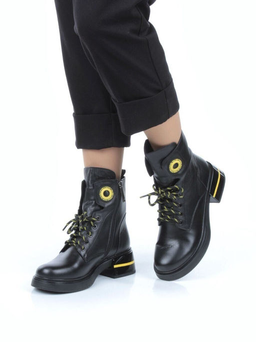 01-P514-3 BLACK/YELLOW Ботинки демисезонные женские (натуральная кожа, байка)