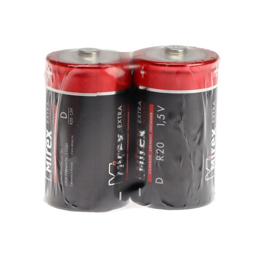 Цена за 2 шт. Батарейка солевая Mirex, D, R20-2S, 1.5 В, спайка, 2 шт.