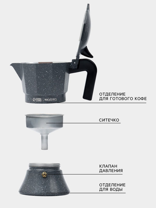 Кофеварка гейзерная Magistro Мрамор, 150 мл, на 3 чашки, нержавеющая сталь, чёрная  фото 2