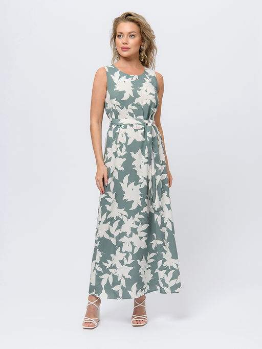 Платье цвета полыни длины макси с цветочным принтом и поясом - 1001dress фото 2