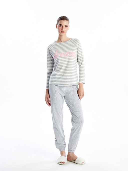 Bisiklet Yaka Bask?l? Kad?n Pijama Tak?m?