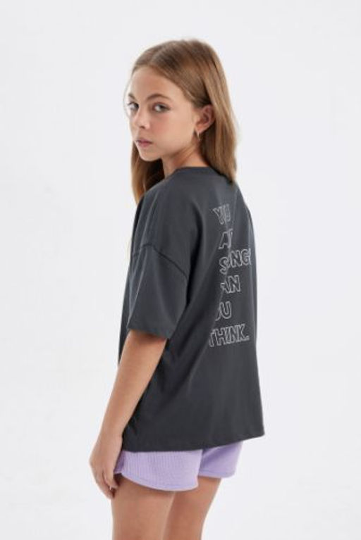 K?z Cocuk Oversize Genis Kal?p Bisiklet Yaka Bask?l? K?sa Kollu Tisort